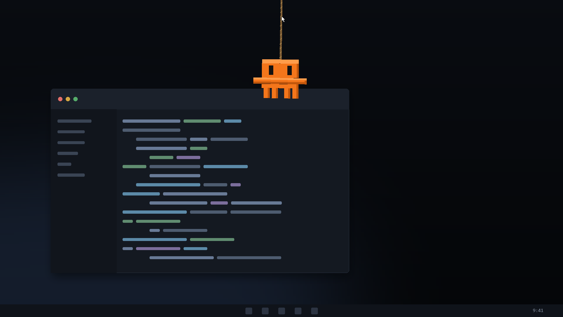 The mascot swinging down on a rope over a code editor, with no HUD.