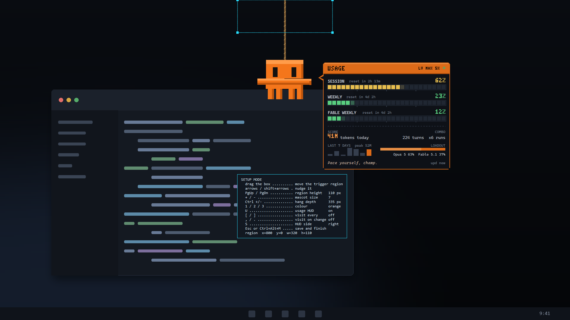 Setup mode: a dashed trigger region at the top of the screen and a panel listing the keys that adjust it.